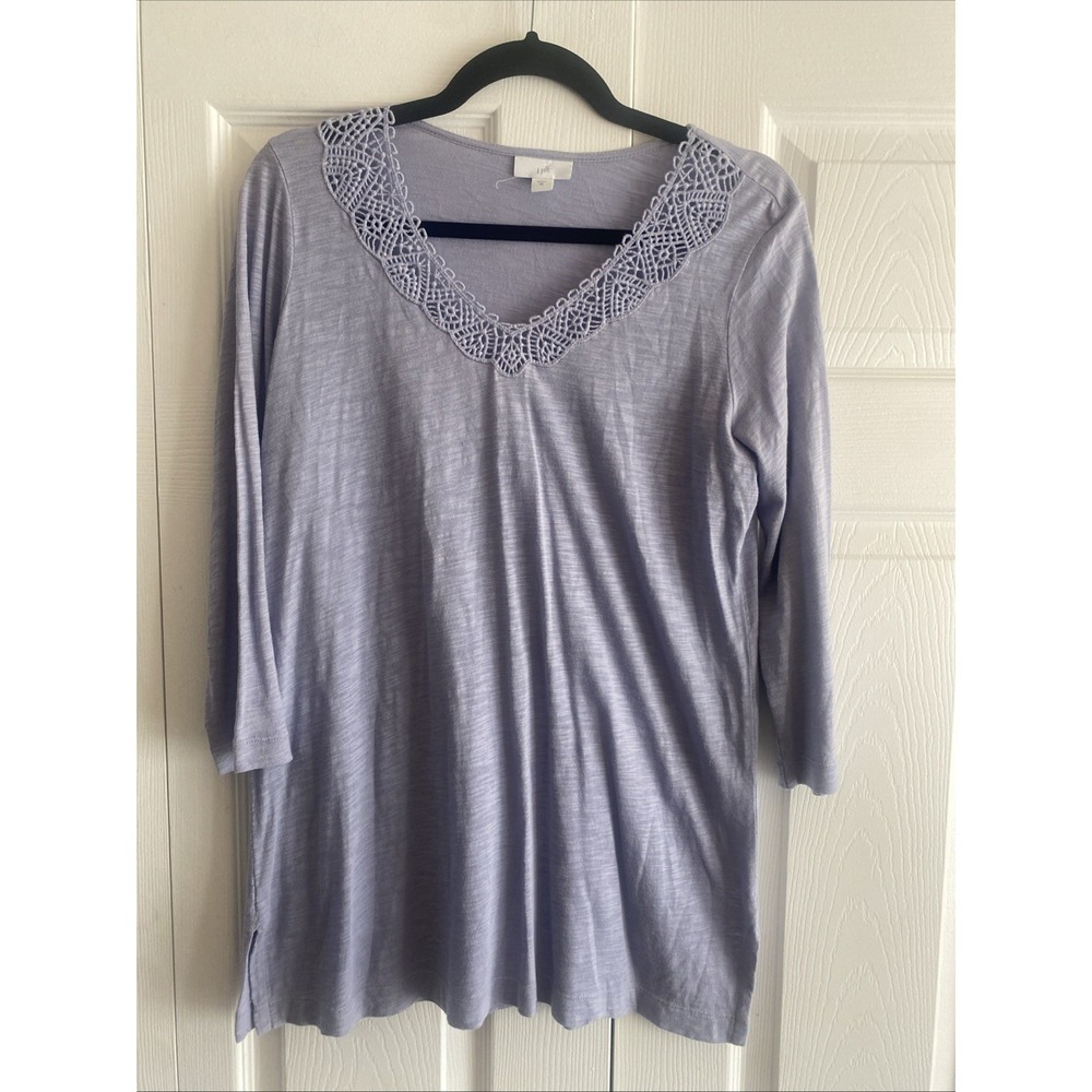 J. Jill Crochet Lace V-Neck Tunic Womens Size XS Lavender Slub Knit Cotton Modal
